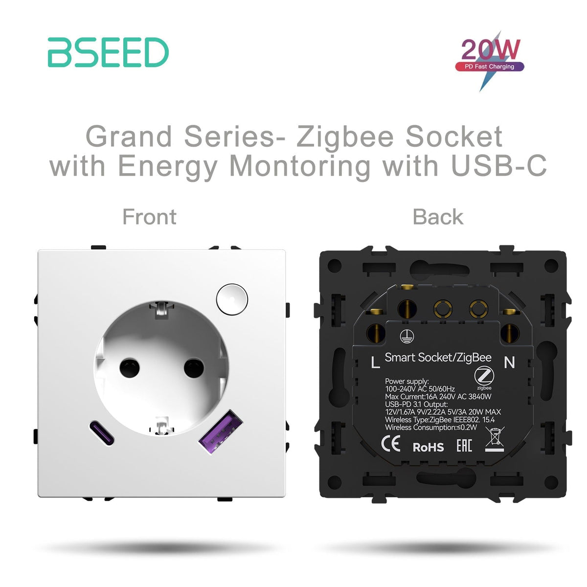 Grand Series DIY Part Customized free combinations Plastic Panels White Color Power Outlets & Sockets Bseedswitch Zigbee Eu socket with energy montoring with 20W AC port