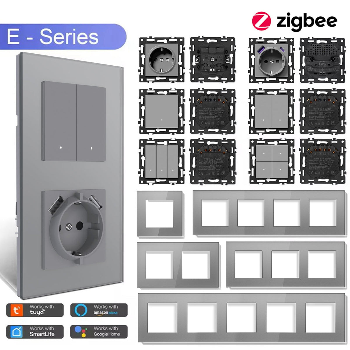 Echo Click Smart zigbee Switch Socket Insert DIY Part Customized Free Combinations Grey Color Crystal Glass Panel Light Switches Bseedswitch