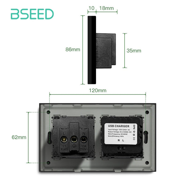 BSEED UK Socket With Double USB Socket Galss Panel Power Outlets & Sockets Bseedswitch 