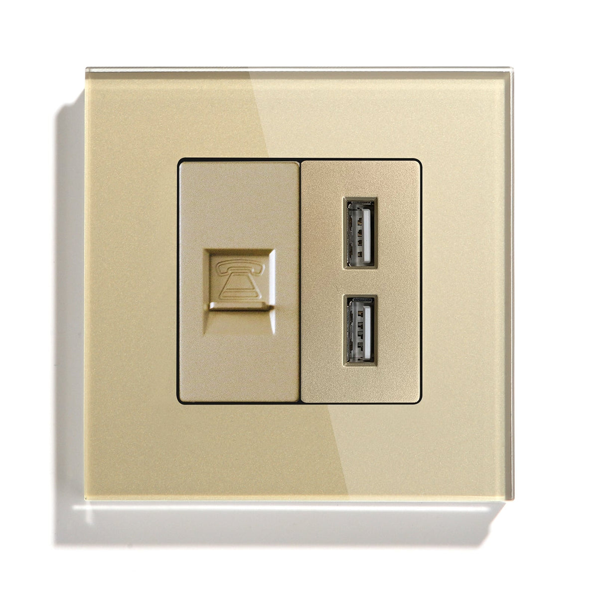 Bseed Double Internet Wall Sockets TEL +USB Socket Tempered Crystal Panel 86mm Power Outlets & Sockets Bseedswitch Golden
