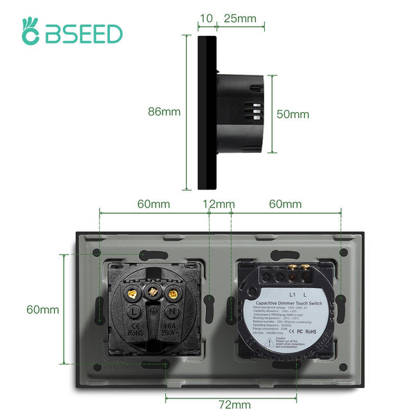 BSEED 1 Gang Touch Dimmer Switch With Normal FR Socket Wall Plates & Covers Bseedswitch 