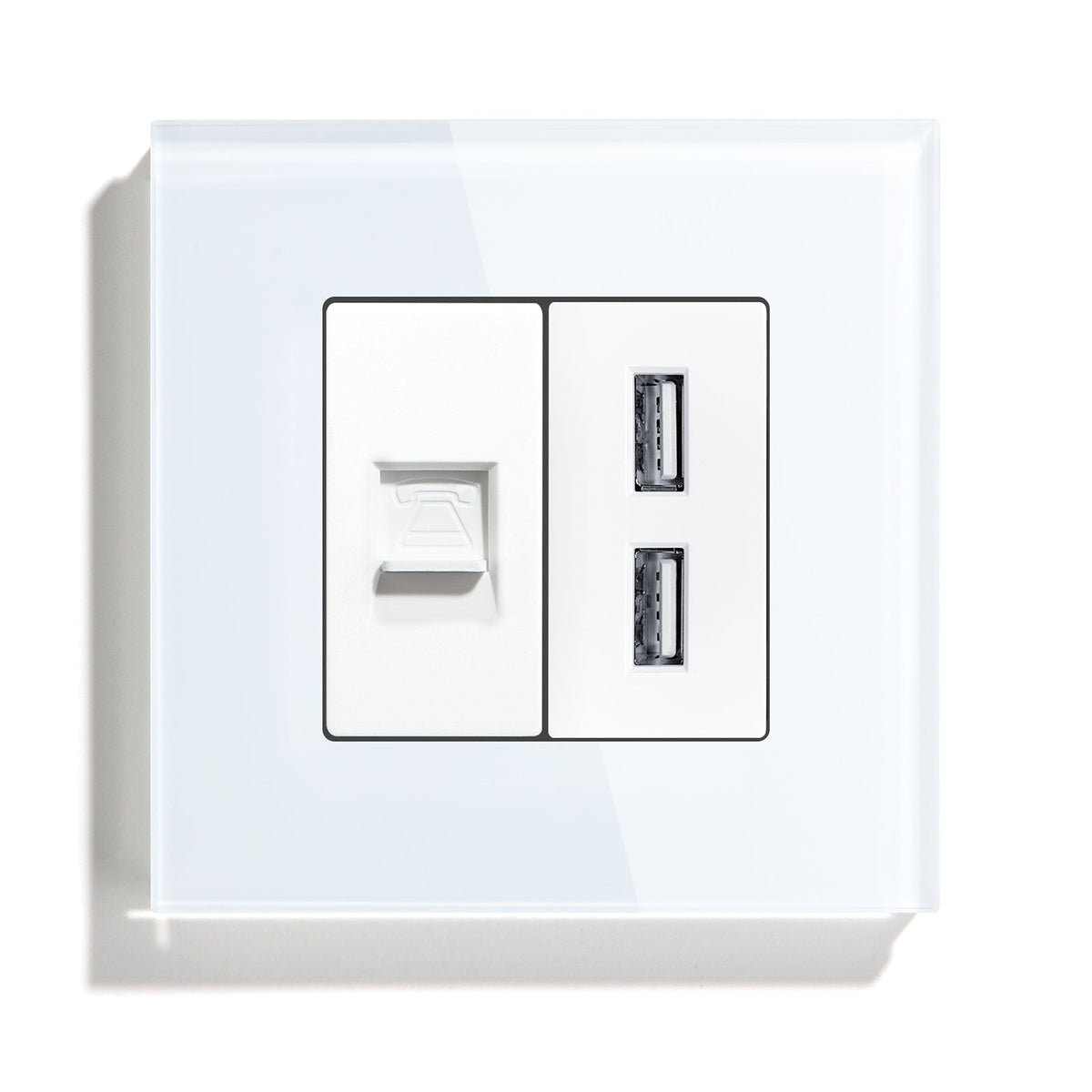 Bseed Double Internet Wall Sockets TEL +USB Socket Tempered Crystal Panel 86mm Power Outlets & Sockets Bseedswitch White