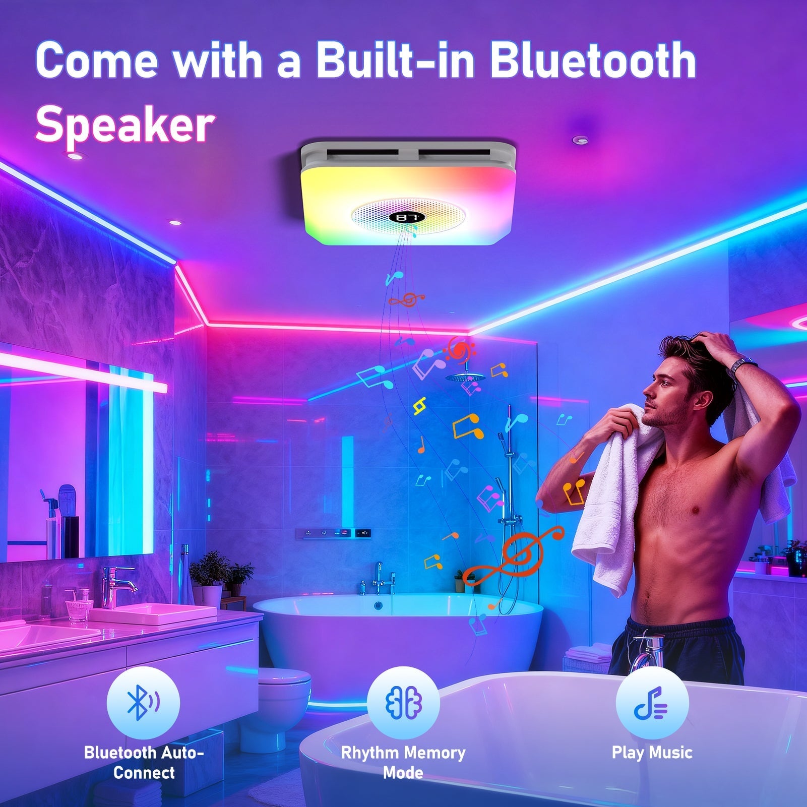 BSEED US Standards Bluetooth Ceiling/ Wall Mount Bathroom Exhaust Fan For Bathroom 230 CFM 1.5 Sone LED Light Ventilation Fans Bseed official 