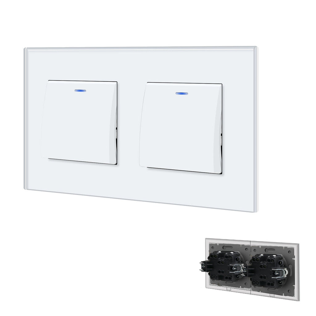Bseed Double Button Light Switch with clamping Glass Panel White switch with LED Light Switches Bseedswitch White 1 Gang+1Gang 1 Way