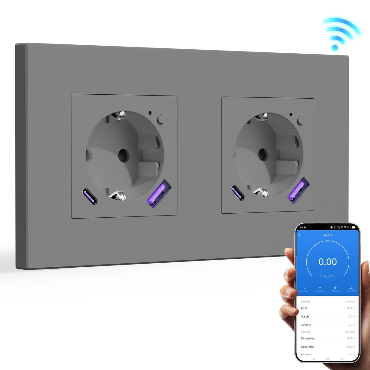 BSEED EU Wifi sockets Type-C With USB With Energy Monitoring socket Bseedswitch Gray Double Plastic