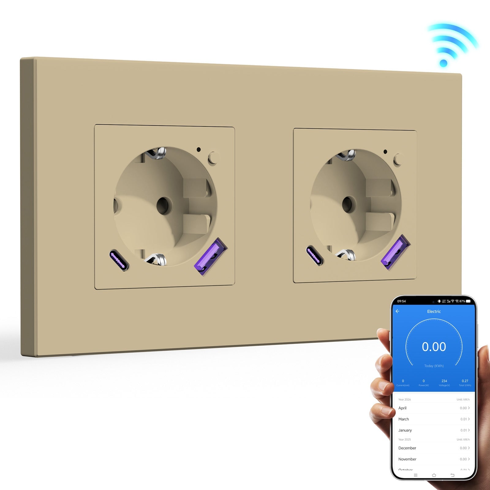 BSEED EU Wifi sockets Type-C With USB With Energy Monitoring socket Bseedswitch Gold Double Plastic