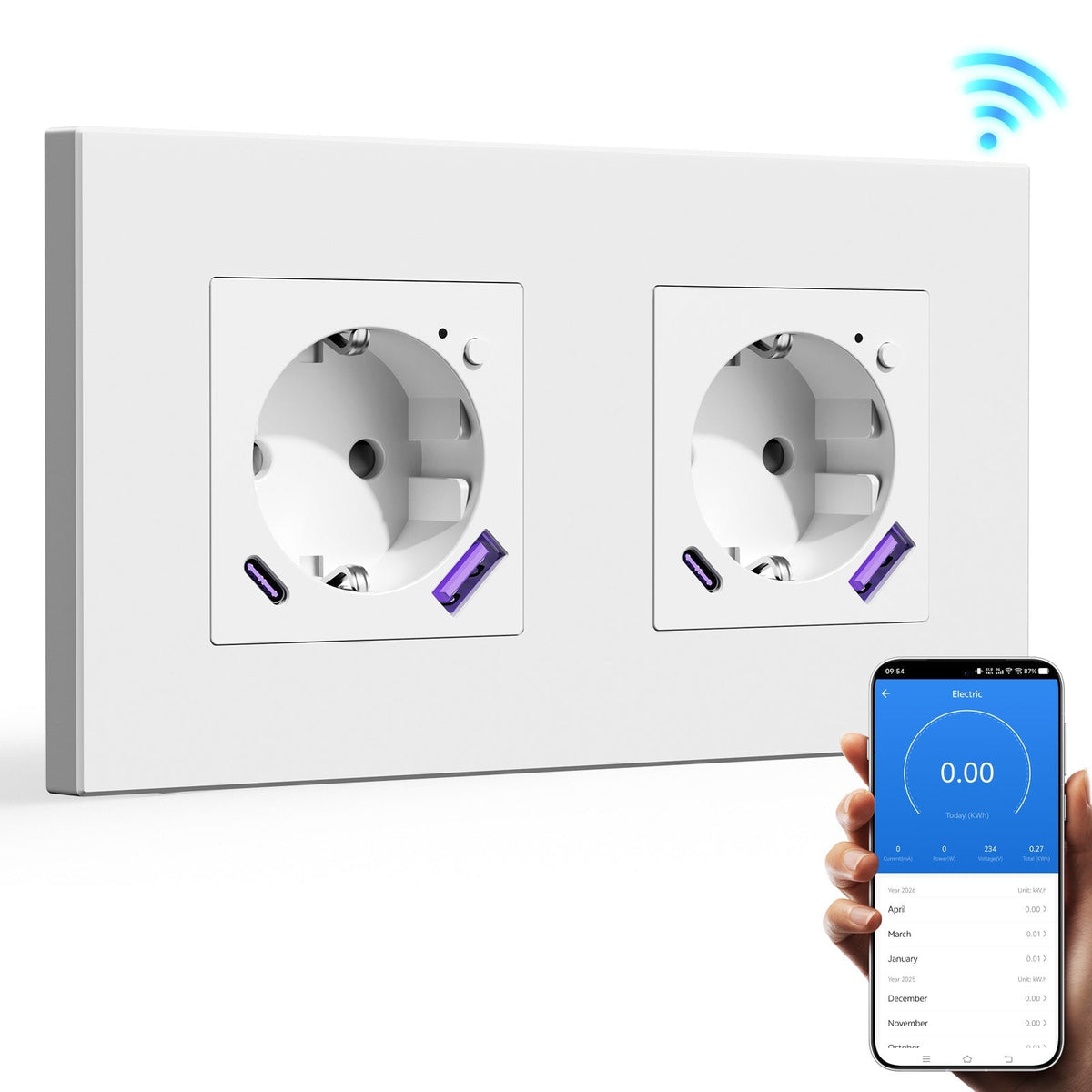 BSEED EU Wifi sockets Type-C With USB With Energy Monitoring socket Bseedswitch White Double Plastic