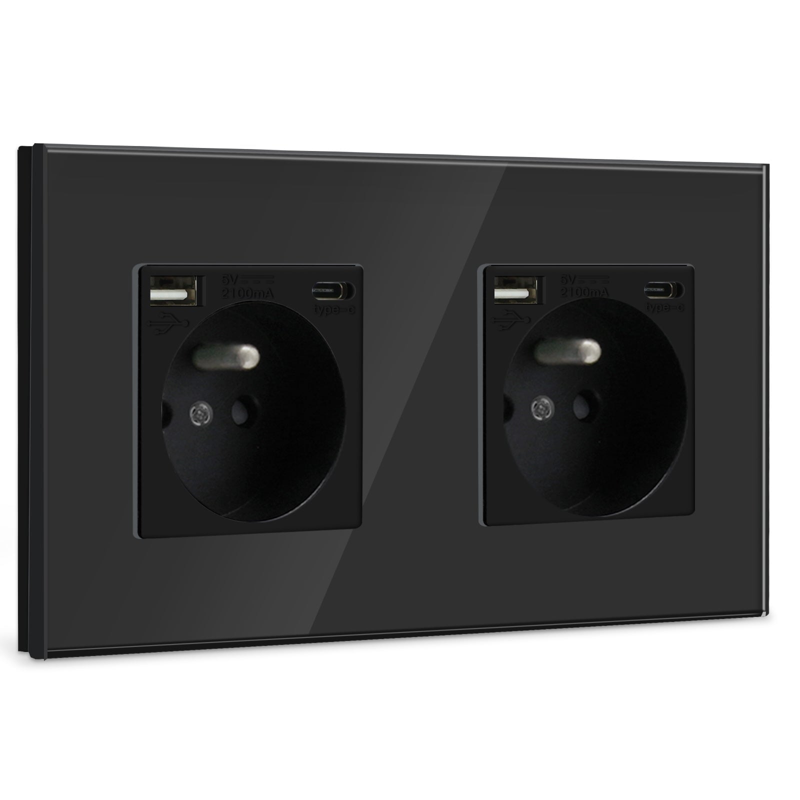 BSEED FR Wall Sockets Type-C Interface Outlet Wall Socket With Charge Port With USB Power Outlets Kids Protection 16A Wall Plates & Covers Bseedswitch black Glass Double
