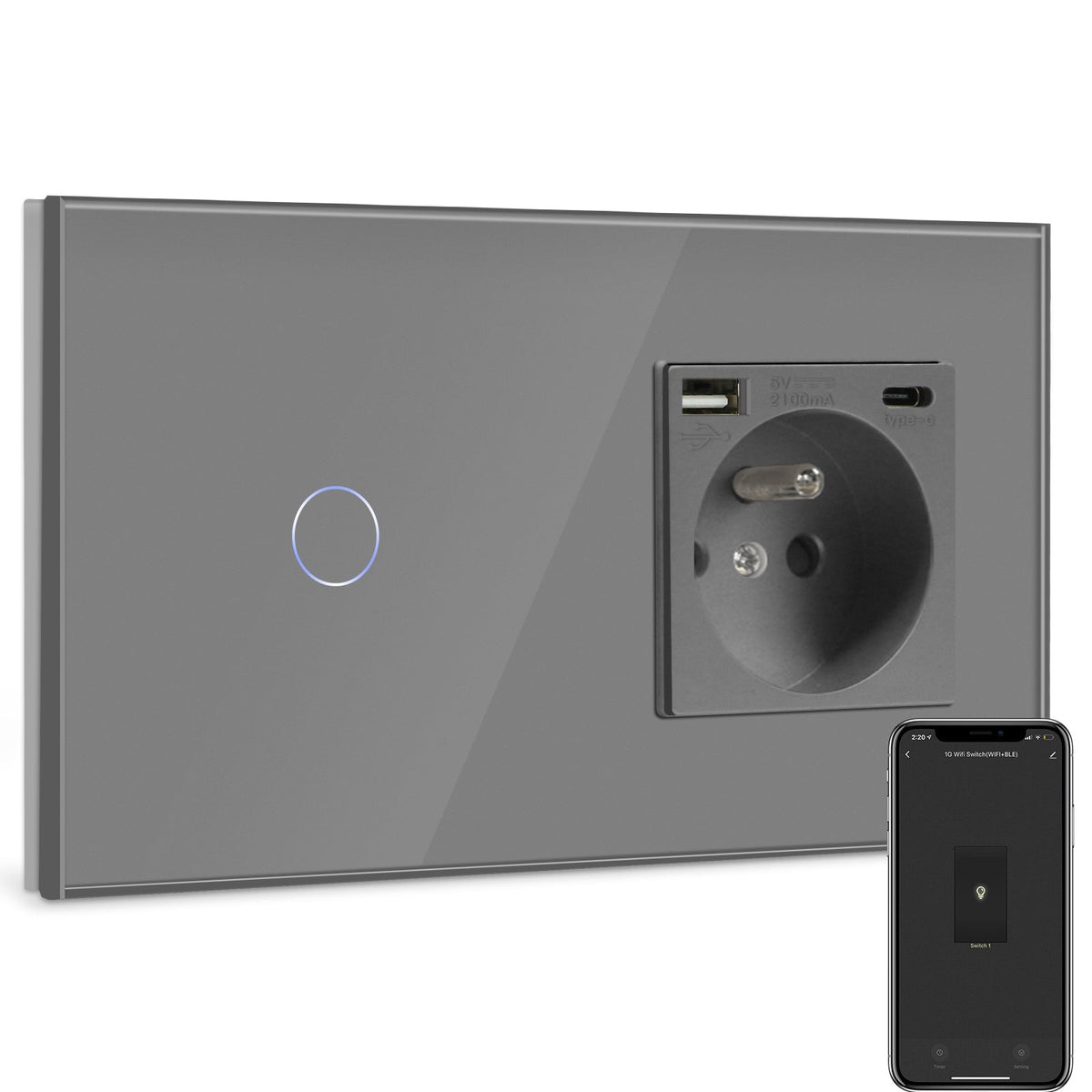 BSEED Smart Wifi Touch Light Switch Plus France Wall USB Socket Type-c Switch Work with Smart Life Google Alexa App Control Light Switches Bseedswitch Grey 1 Gang 