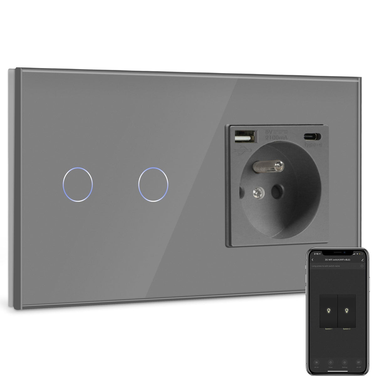 BSEED Smart Wifi Touch Light Switch Plus France Wall USB Socket Type-c Switch Work with Smart Life Google Alexa App Control Light Switches Bseedswitch Grey 2 Gang 