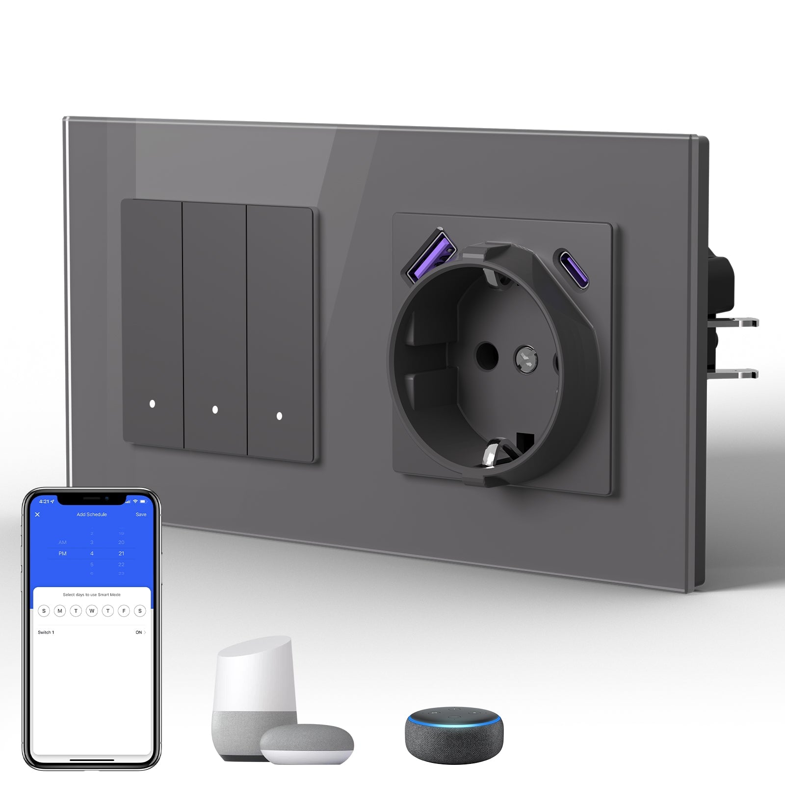 Interruptor inteligente Echo Series Wifi con enchufe UE y puerto USB tipo C de 20W, tomas de corriente de 157 mm Bseedswitch Gris 3Gang 