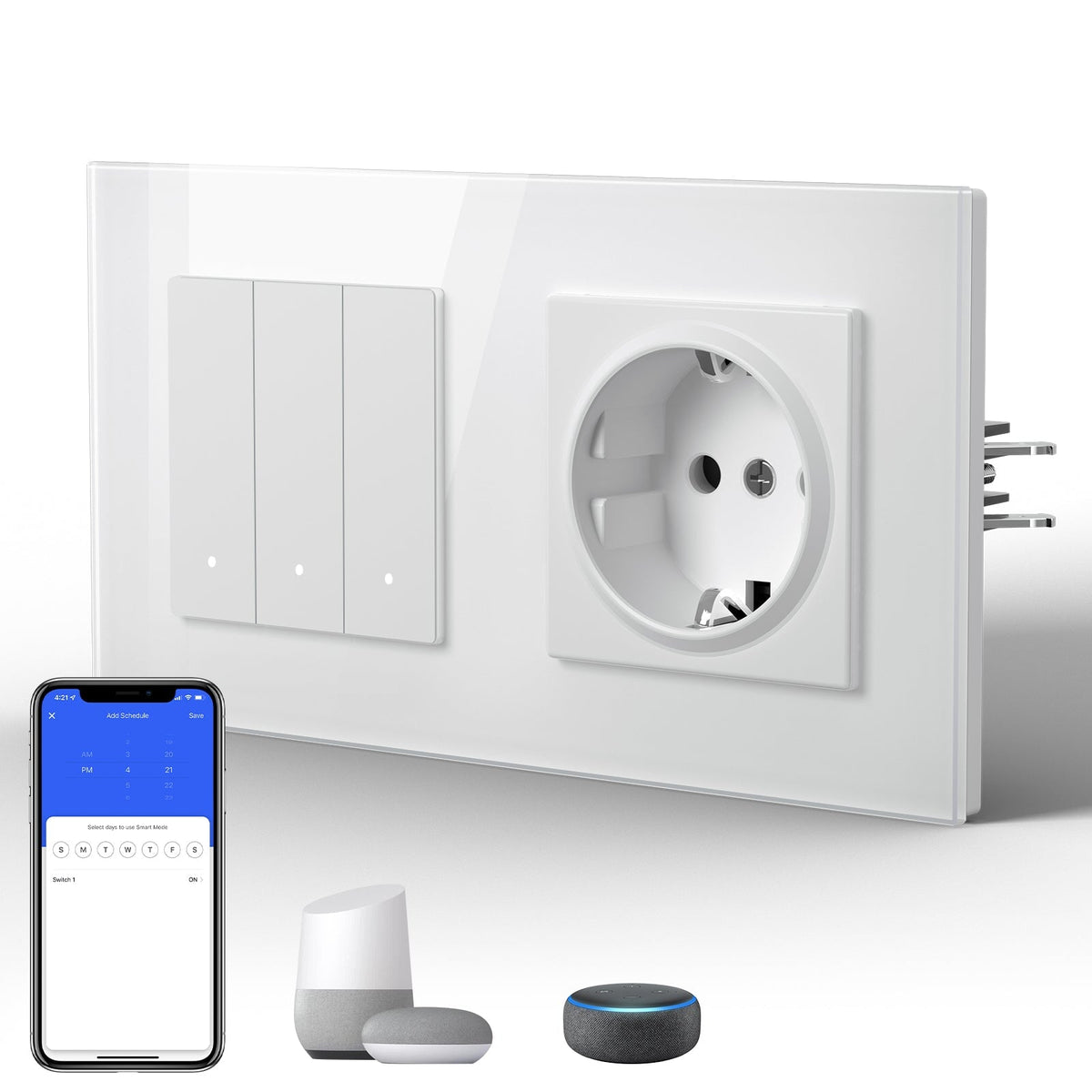 Echo Series Smart Wifi Switch With EU Single Socket 157mm Power Outlets & Sockets Bseedswitch White 3 Gang 