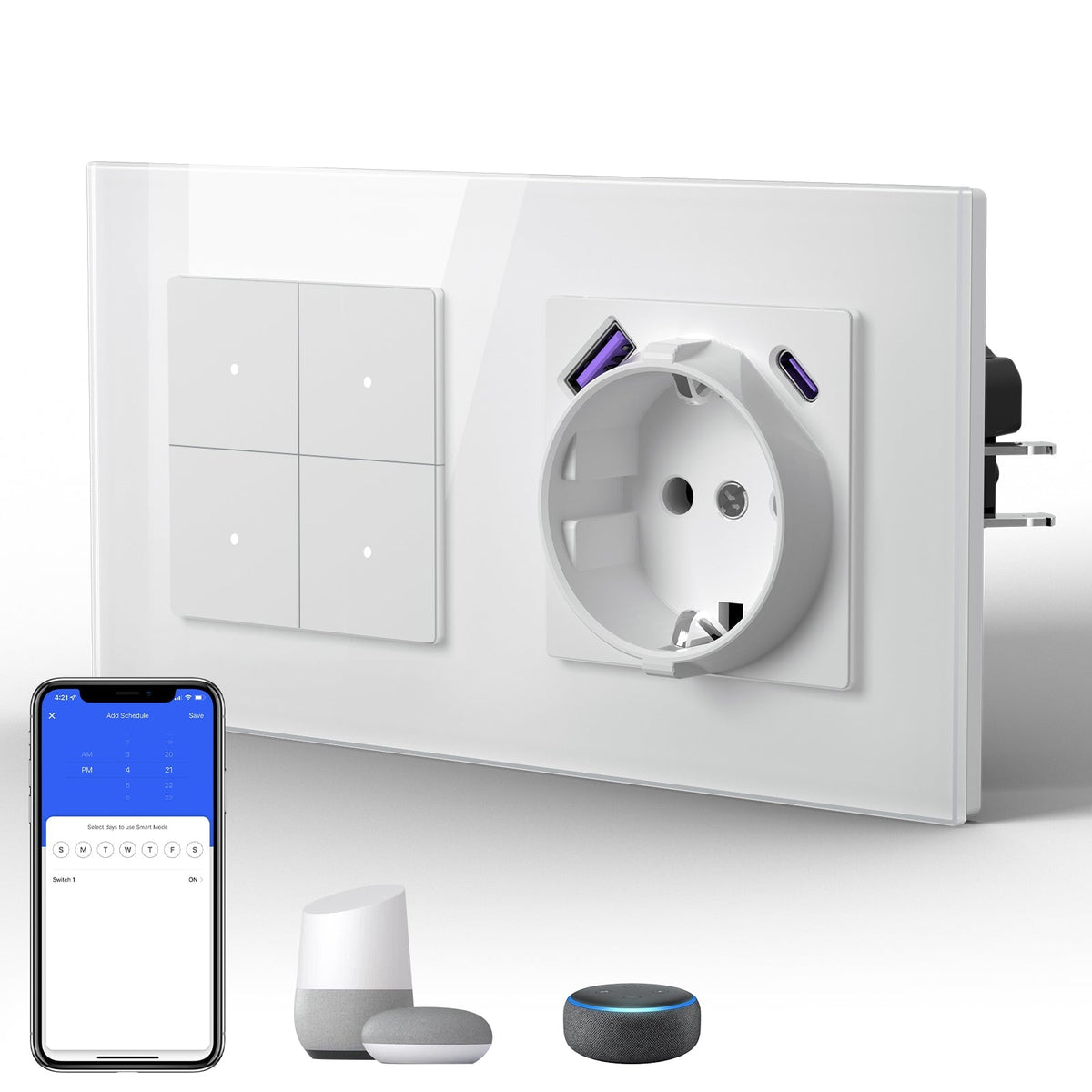 Echo Series Smart Wifi Switch With EU Socket with 20W usb type-c port 157mm Power Outlets & Sockets Bseedswitch White 4Gang 