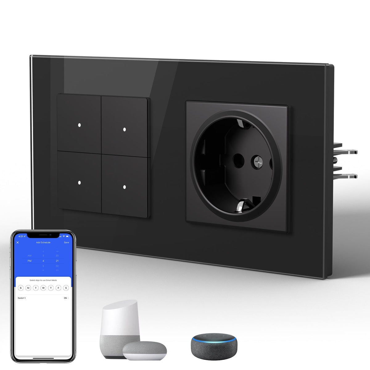 Echo Series Smart Wifi Switch With EU Single Socket 157mm Power Outlets & Sockets Bseedswitch Black 4 Gang 