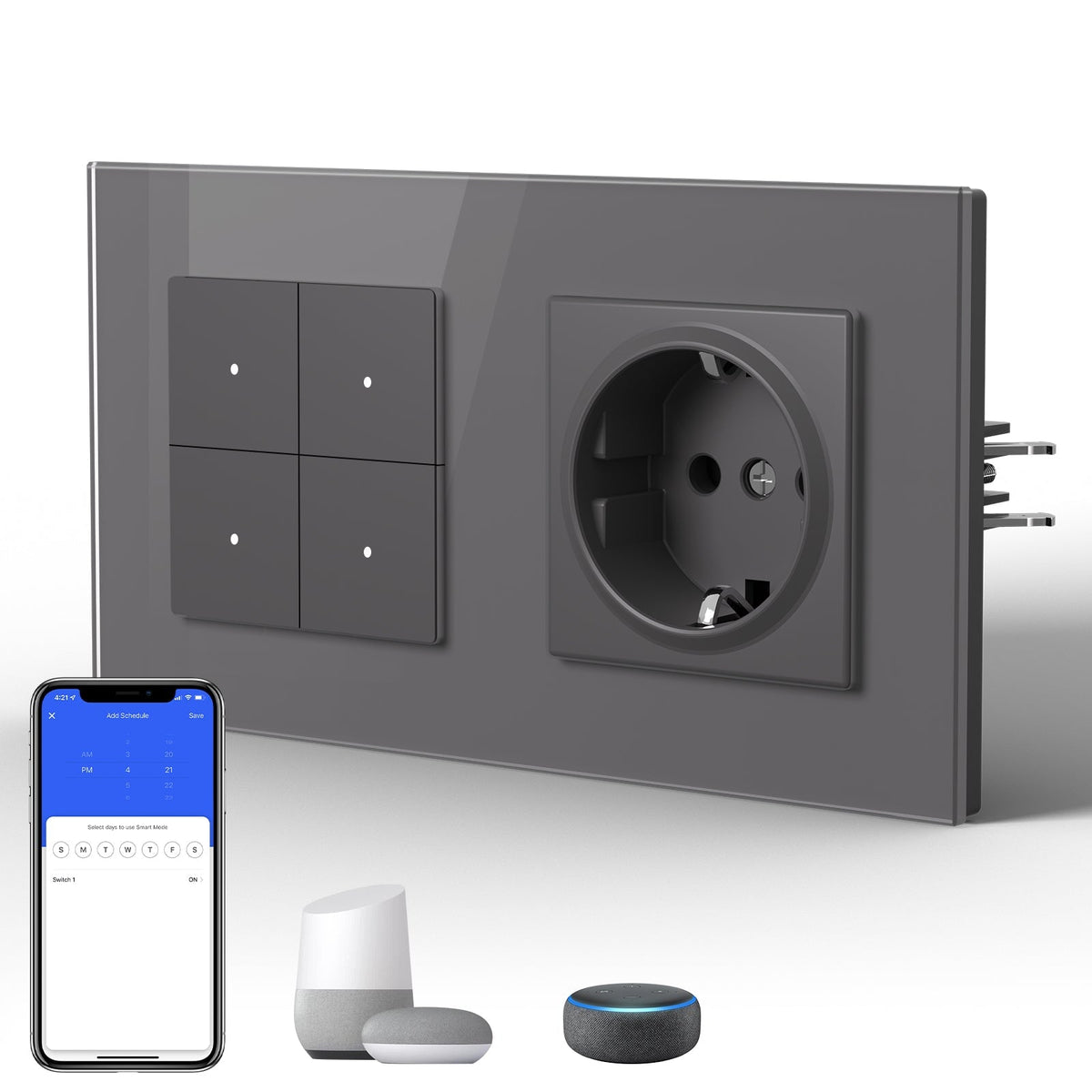 Echo Series Smart Wifi Switch With EU Single Socket 157mm Power Outlets & Sockets Bseedswitch Grey 4 Gang 