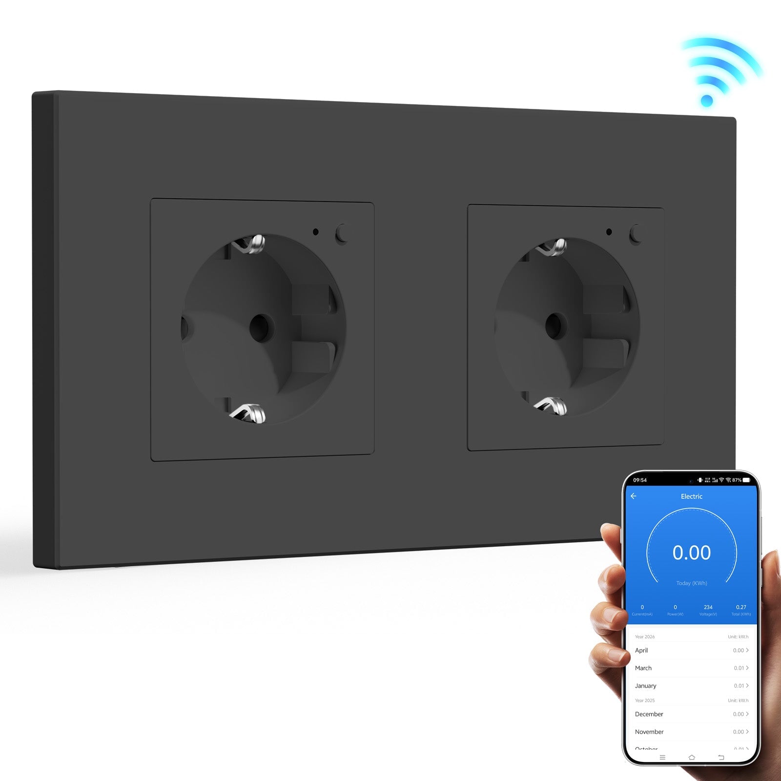 Bseed Wifi EU Standard Socket Wall Sockets With Energy Monitoring Power Outlets & Sockets Bseedswitch Black Double Plastic Panel