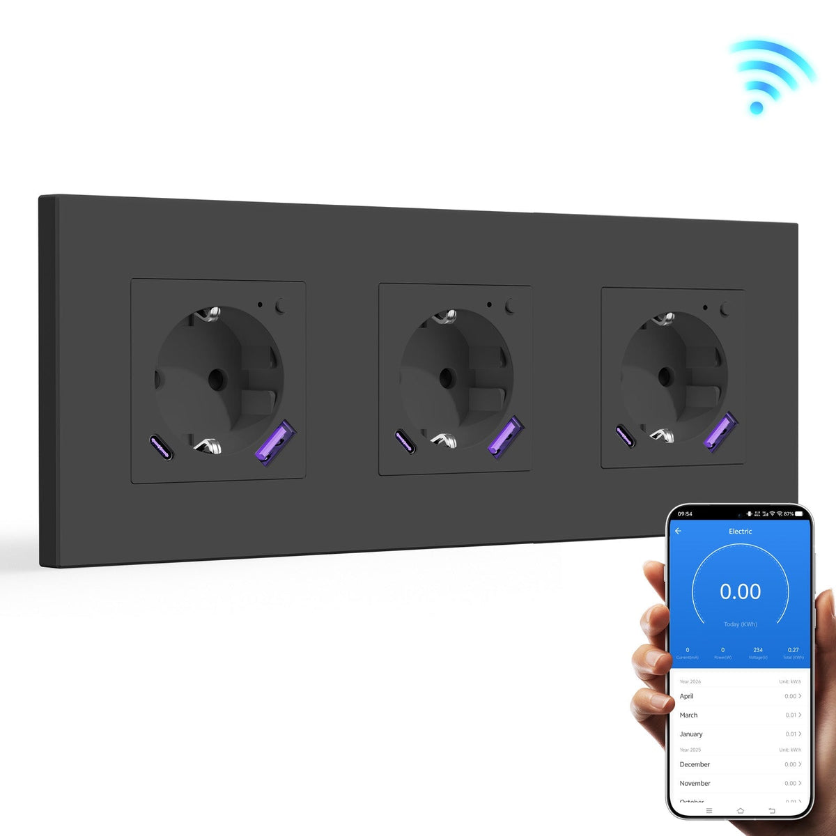 BSEED EU Wifi sockets Type-C With USB With Energy Monitoring socket Bseedswitch Black Tripe Plastic