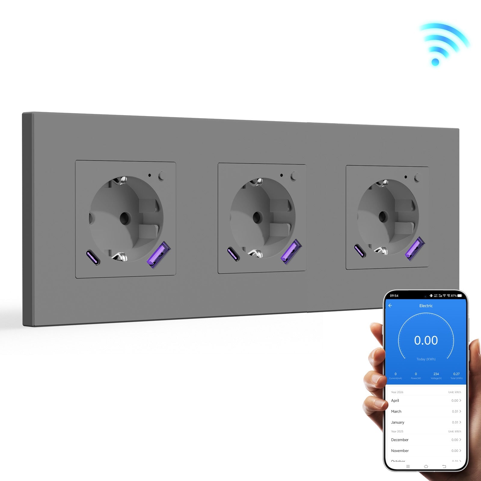 BSEED EU Wifi sockets Type-C With USB With Energy Monitoring socket Bseedswitch Gray Tripe Plastic