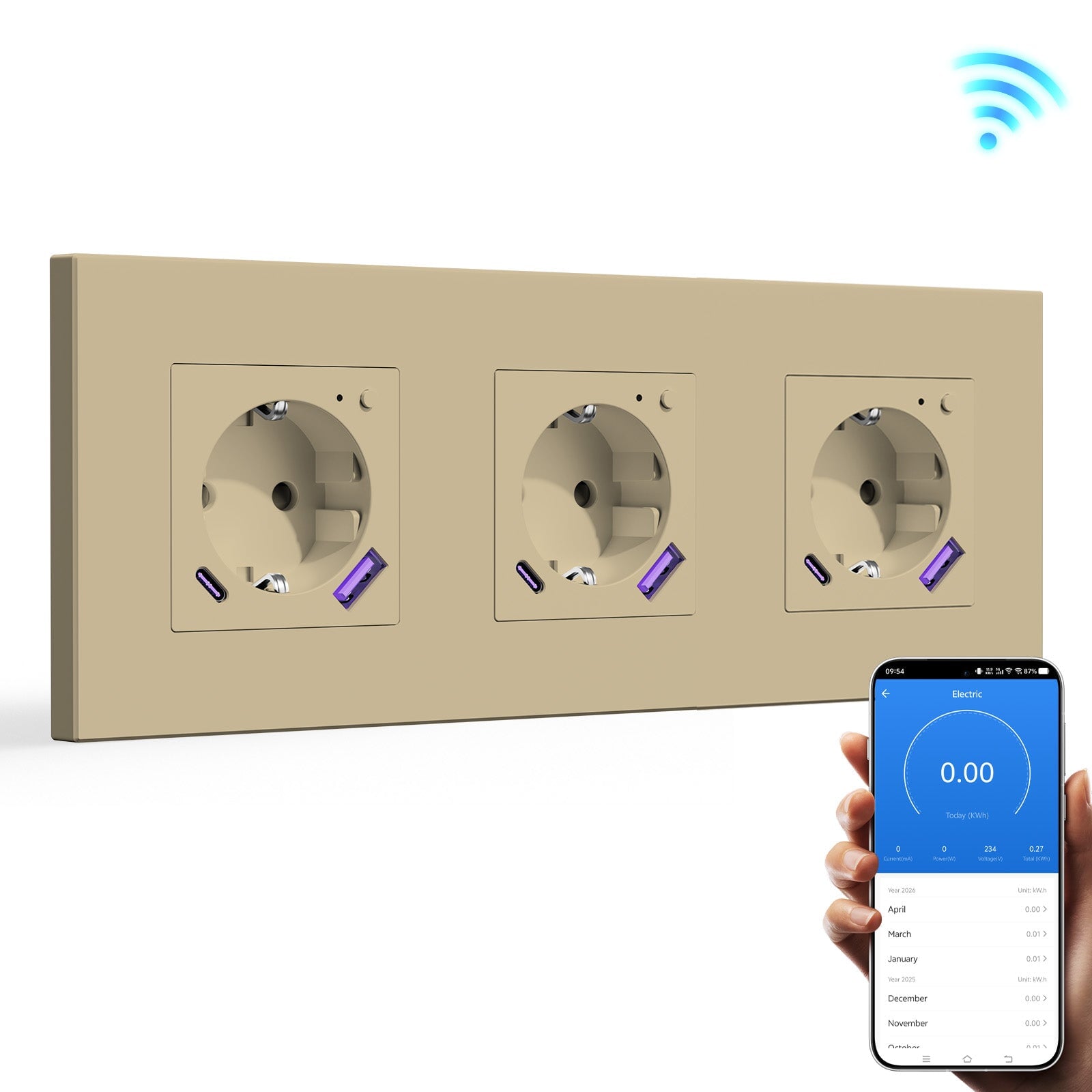 BSEED EU Wifi sockets Type-C With USB With Energy Monitoring socket Bseedswitch Gold Tripe Plastic