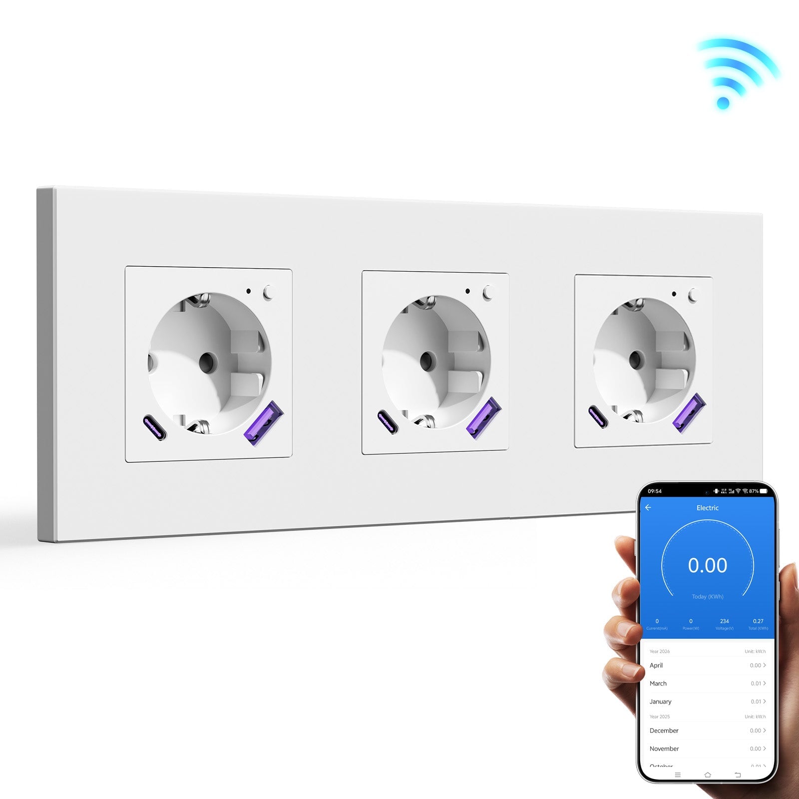 BSEED EU Wifi sockets Type-C With USB With Energy Monitoring socket Bseedswitch White Tripe Plastic