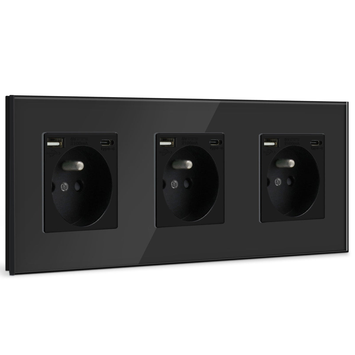 BSEED FR Wall Sockets Type-C Interface Outlet Wall Socket With Charge Port With USB Power Outlets Kids Protection 16A Wall Plates & Covers Bseedswitch black Glass Triple