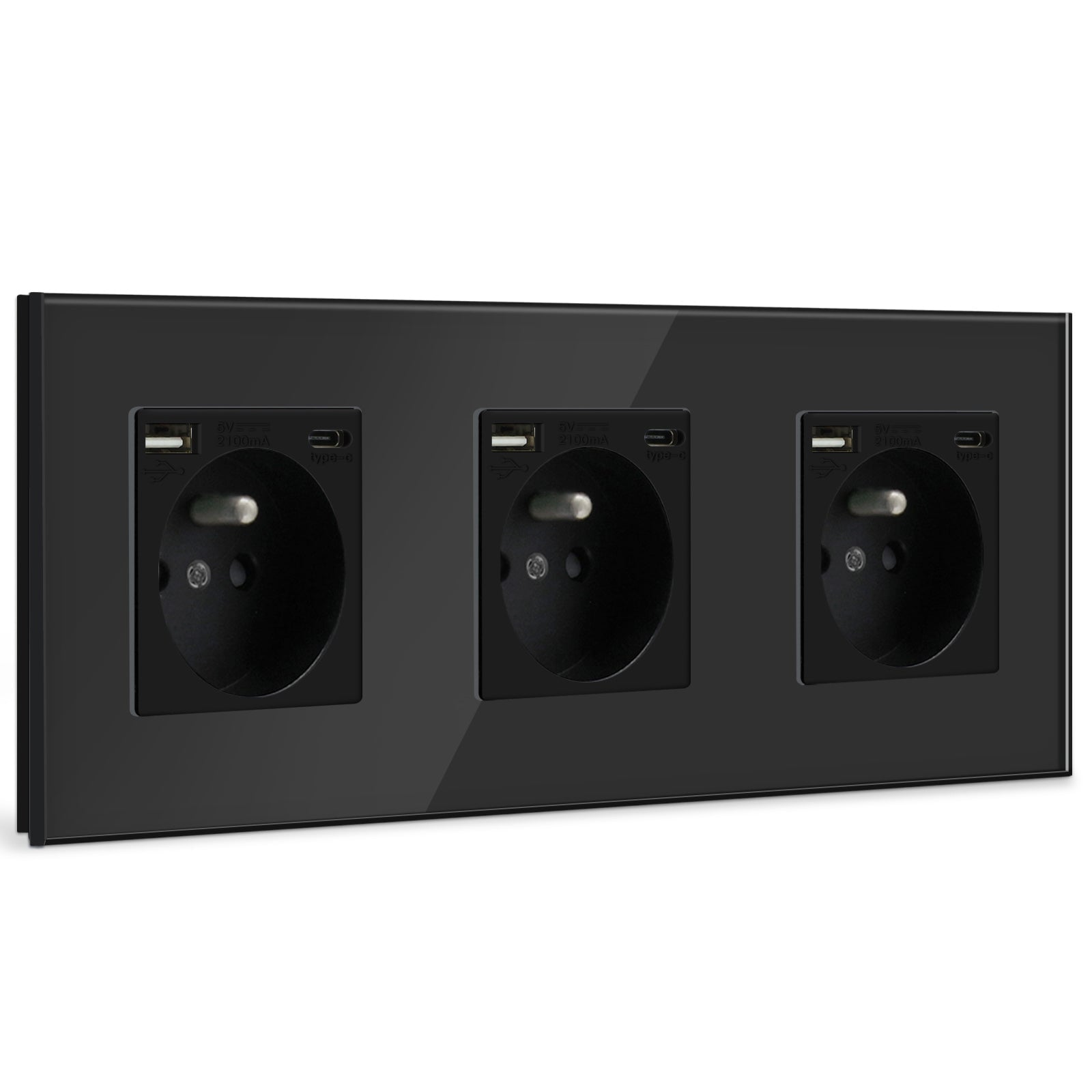 BSEED FR Wall Sockets Type-C Interface Outlet Wall Socket With Charge Port With USB Power Outlets Kids Protection 16A Wall Plates & Covers Bseedswitch black Glass Triple