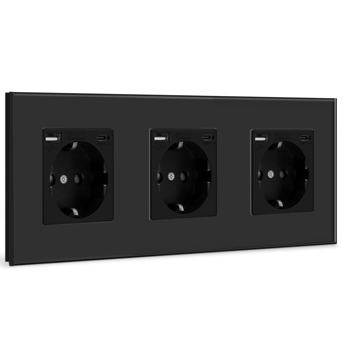 Tomadas de parede EU BSEED com interface Type-C de 2.1A, tomadas elétricas e interruptores, tripla, cor preta. 