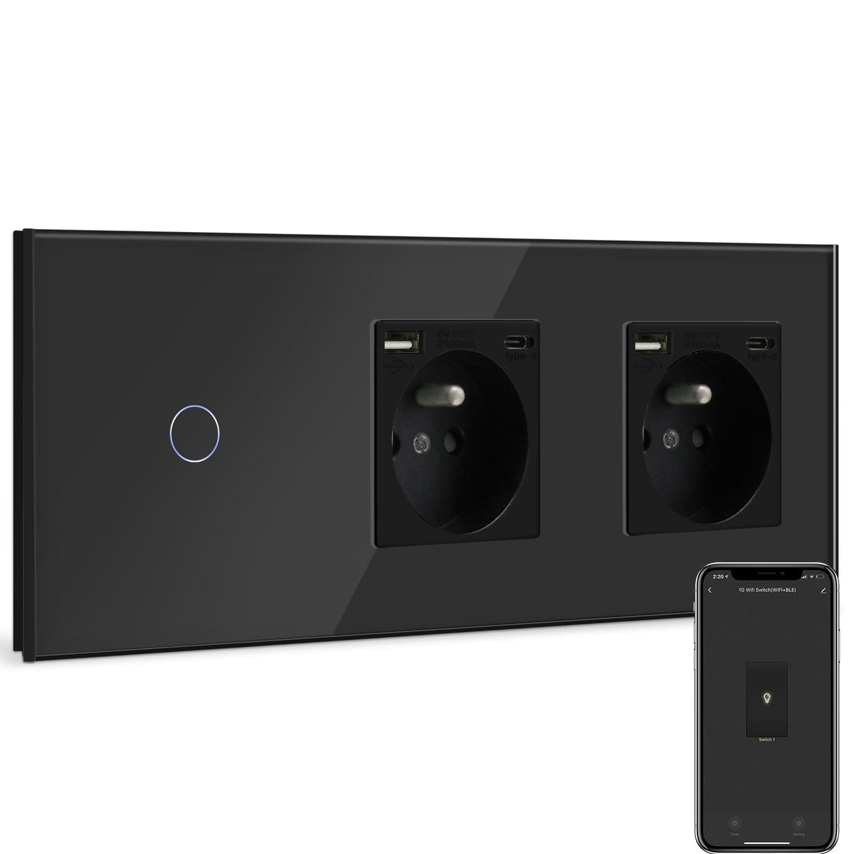 BSEED Smart WiFi Light Switch With Double Normal France Socket with USB C Port Light Switches Bseedswitch Black 1 Gang + socket 