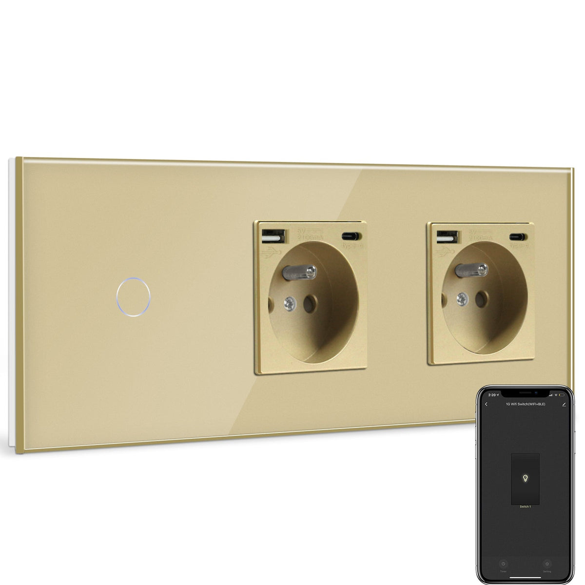 BSEED Smart WiFi Light Switch With Double Normal France Socket with USB C Port Light Switches Bseedswitch Gold 1 Gang + socket 