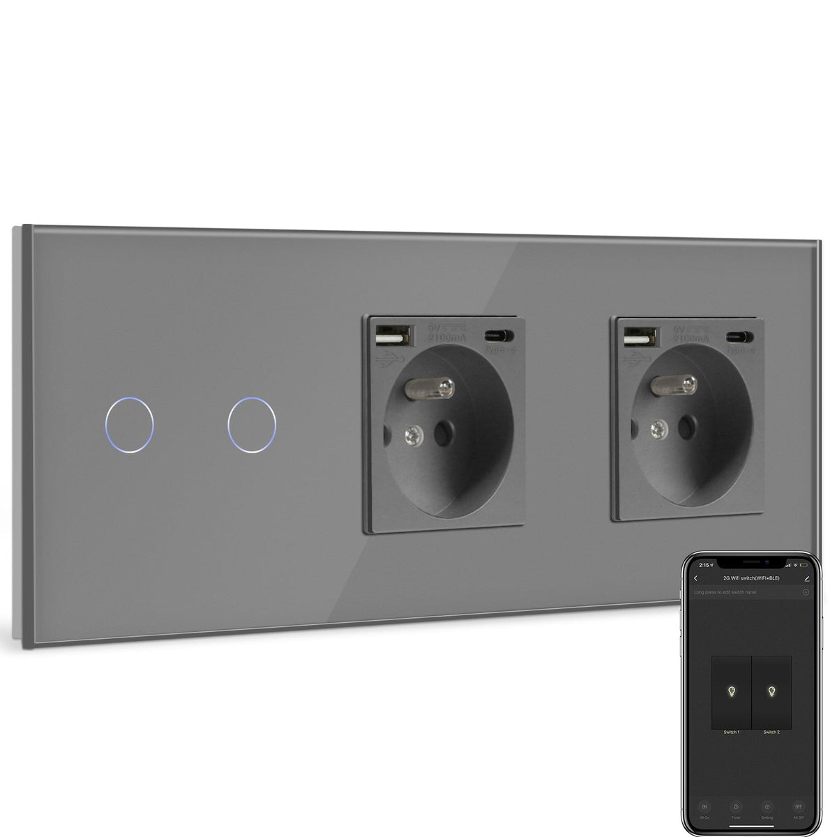 BSEED Smart WiFi Light Switch With Double Normal France Socket with USB C Port Light Switches Bseedswitch Grey 2 Gang + socket 
