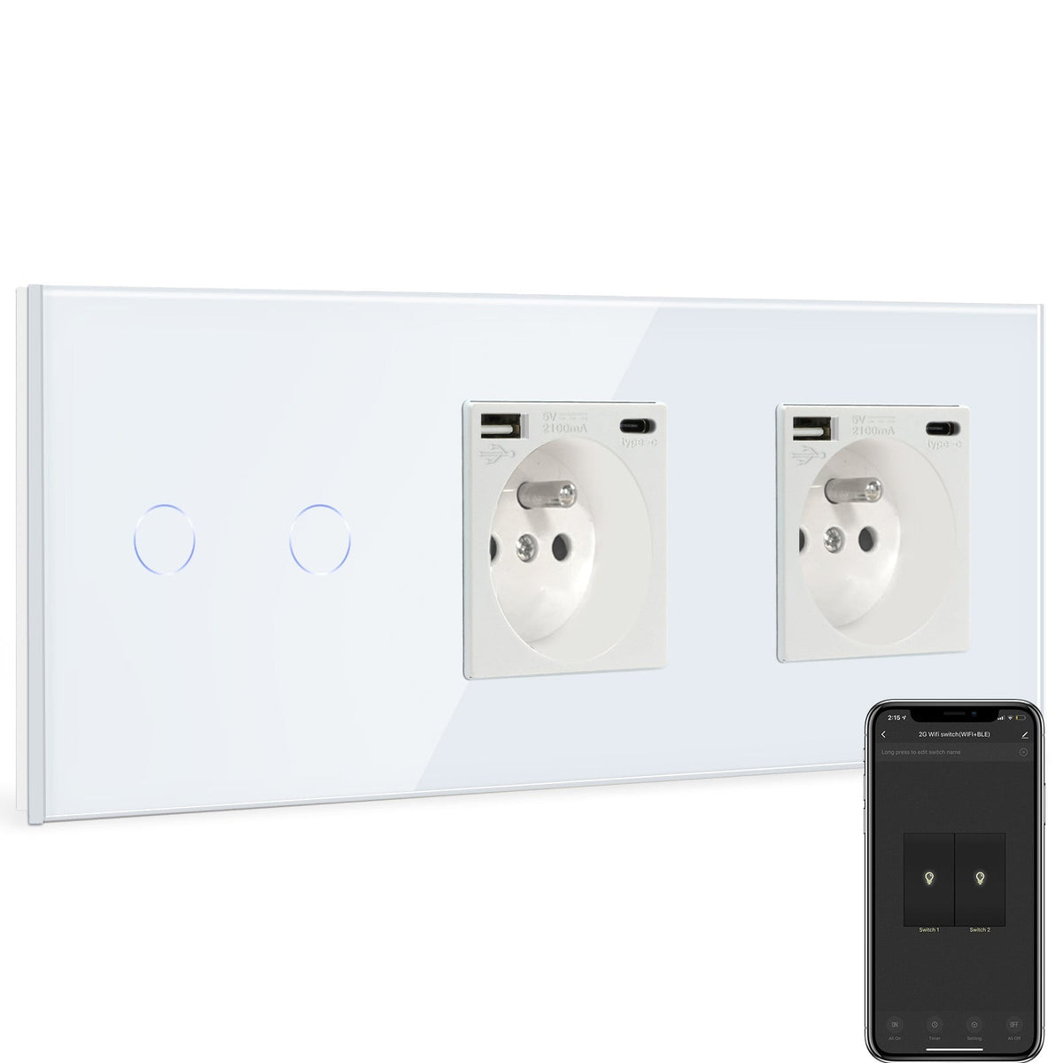 BSEED Smart WiFi Light Switch With Double Normal France Socket with USB C Port Light Switches Bseedswitch White 2 Gang + socket 