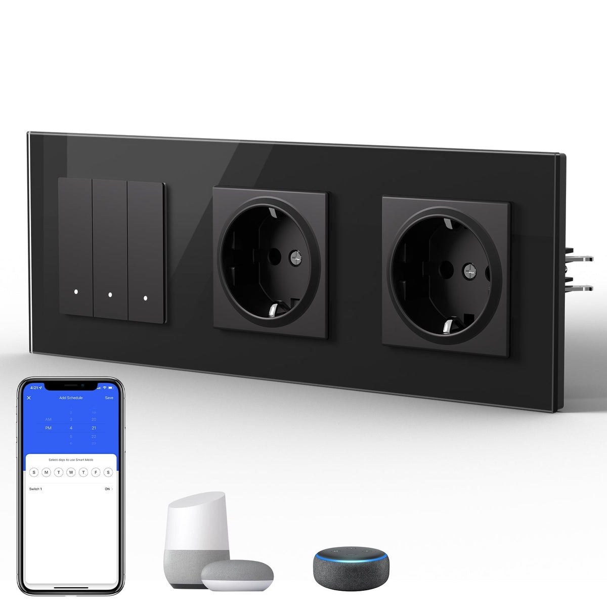 Echo Series Smart Wifi Switch With Normal Double EU Socket Work with Tuya Google assistant Power Outlets & Sockets Bseedswitch Black 3Gang 