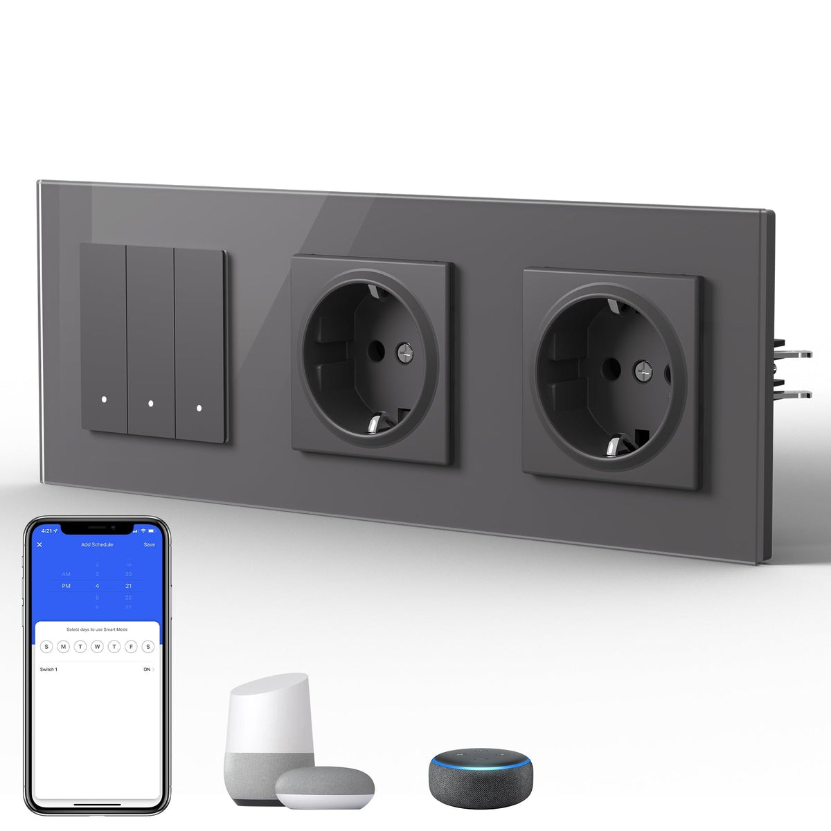 Echo Series Smart Wifi Switch With Normal Double EU Socket Work with Tuya Google assistant Power Outlets & Sockets Bseedswitch Grey 3Gang 