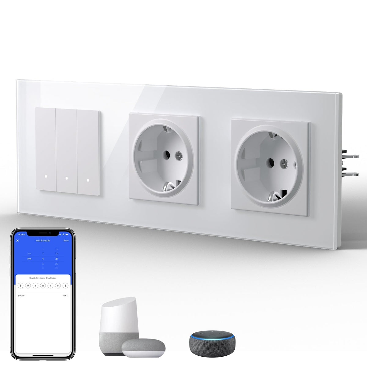 Echo Series Smart Wifi Switch With Normal Double EU Socket Work with Tuya Google assistant Power Outlets & Sockets Bseedswitch White 3Gang 