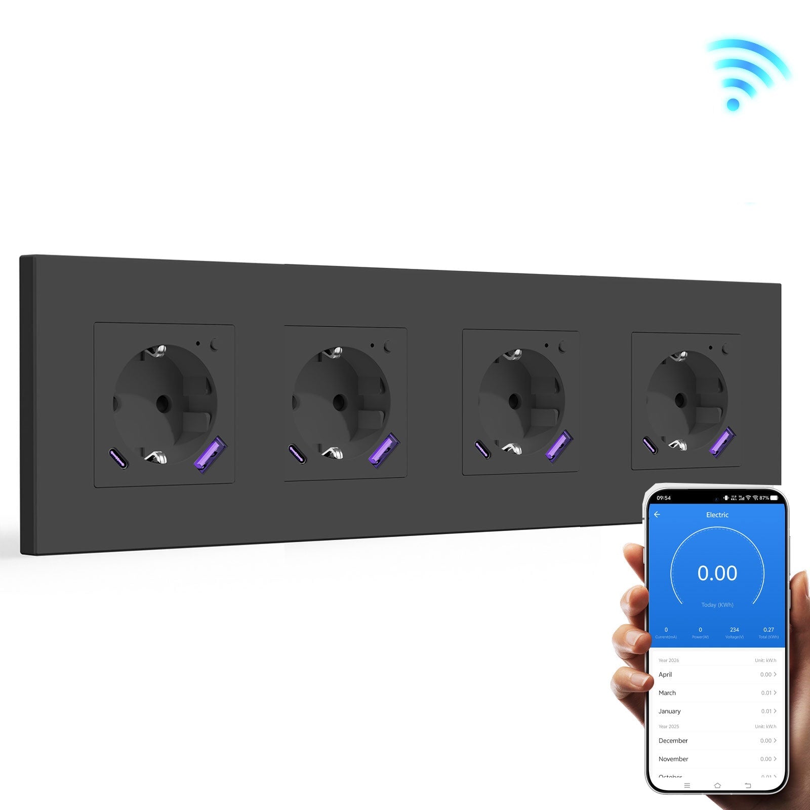 BSEED EU Wifi sockets Type-C With USB With Energy Monitoring socket Bseedswitch Black Quadruple Plastic