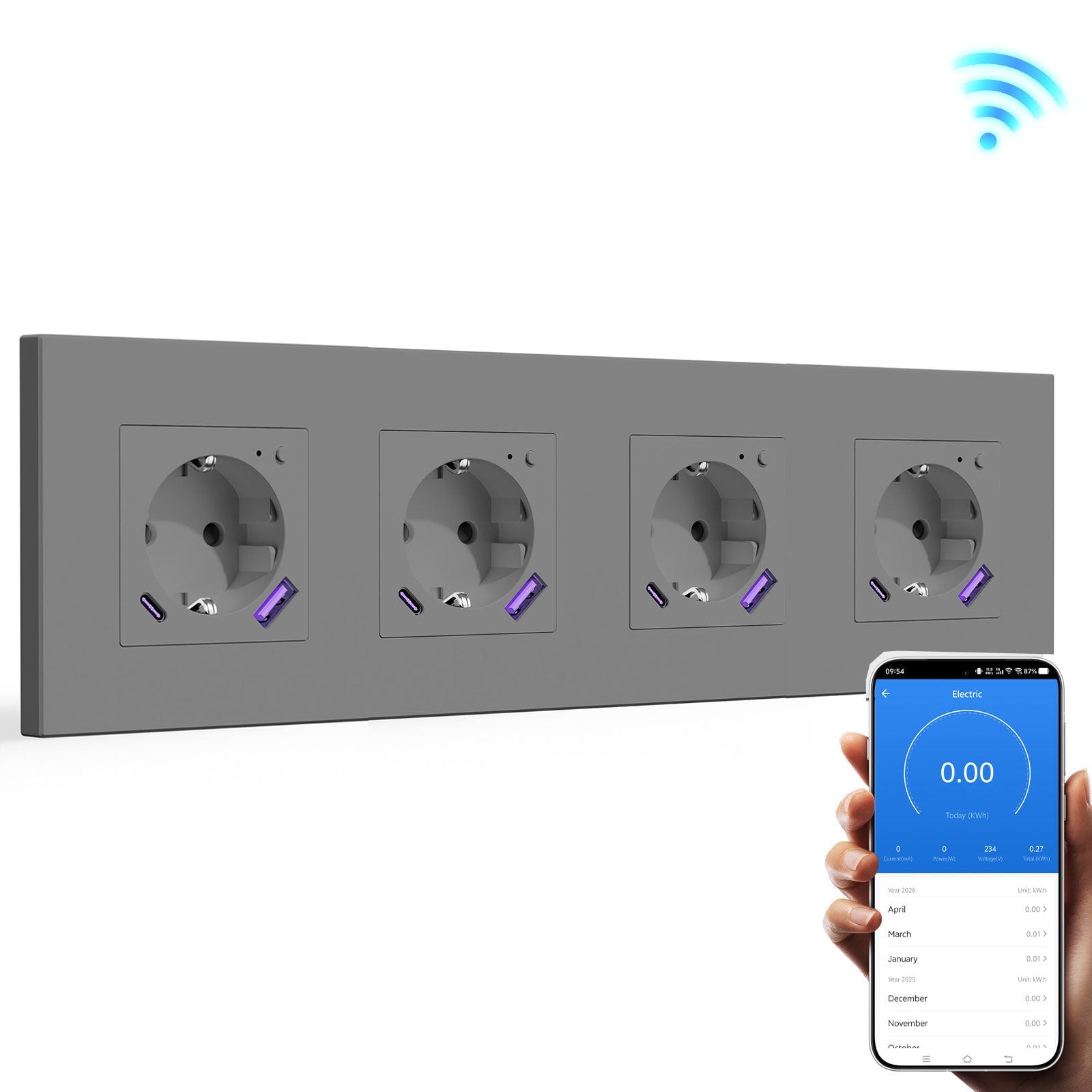 BSEED EU Wifi sockets Type-C With USB With Energy Monitoring socket Bseedswitch Gray Quadruple Plastic