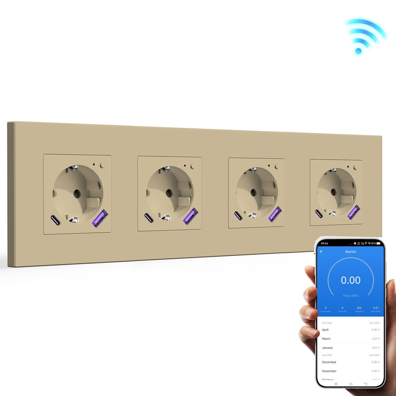 BSEED EU Wifi sockets Type-C With USB With Energy Monitoring socket Bseedswitch Gold Quadruple Plastic