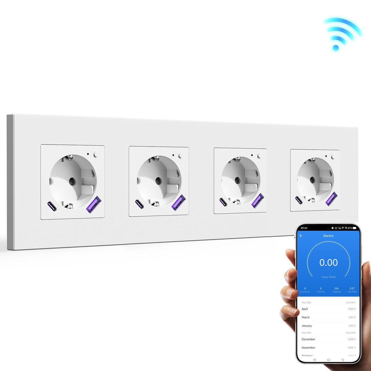 BSEED EU Wifi sockets Type-C With USB With Energy Monitoring socket Bseedswitch White Quadruple Plastic