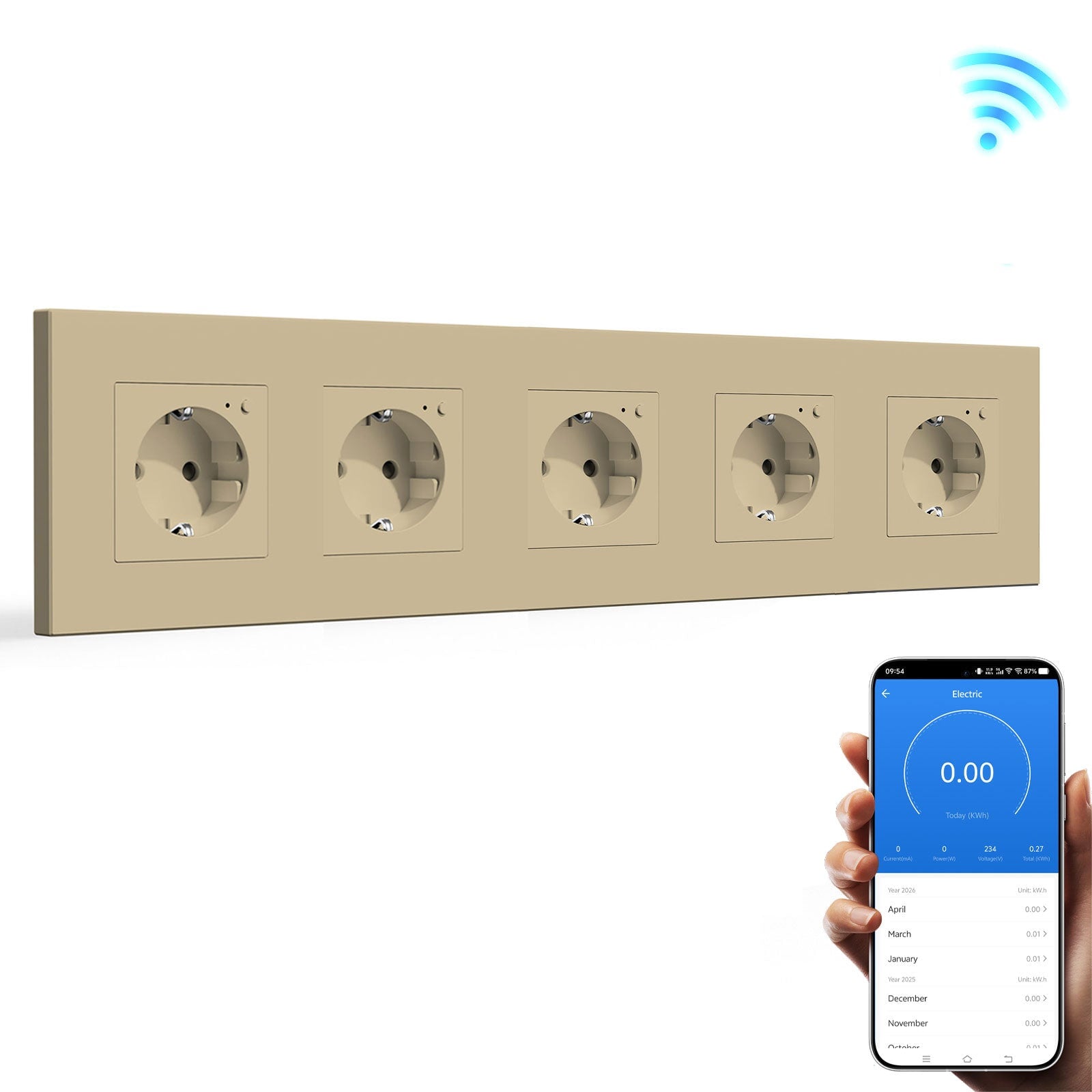Bseed Wifi EU Standard Socket Wall Sockets With Energy Monitoring Power Outlets & Sockets Bseedswitch Gold Quintuple Plastic Panel