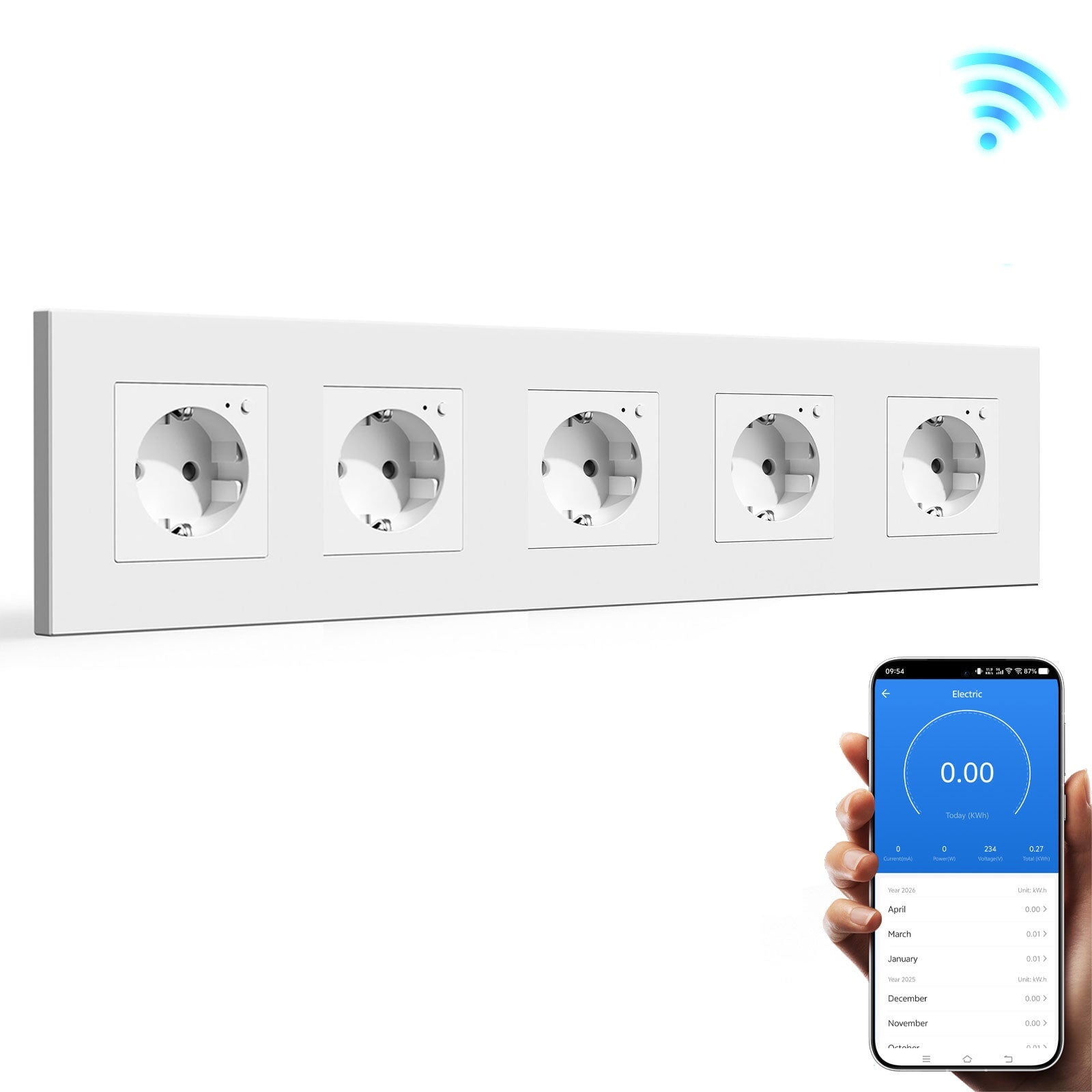 Bseed Wifi EU Standard Socket Wall Sockets With Energy Monitoring Power Outlets & Sockets Bseedswitch White Quintuple Plastic Panel
