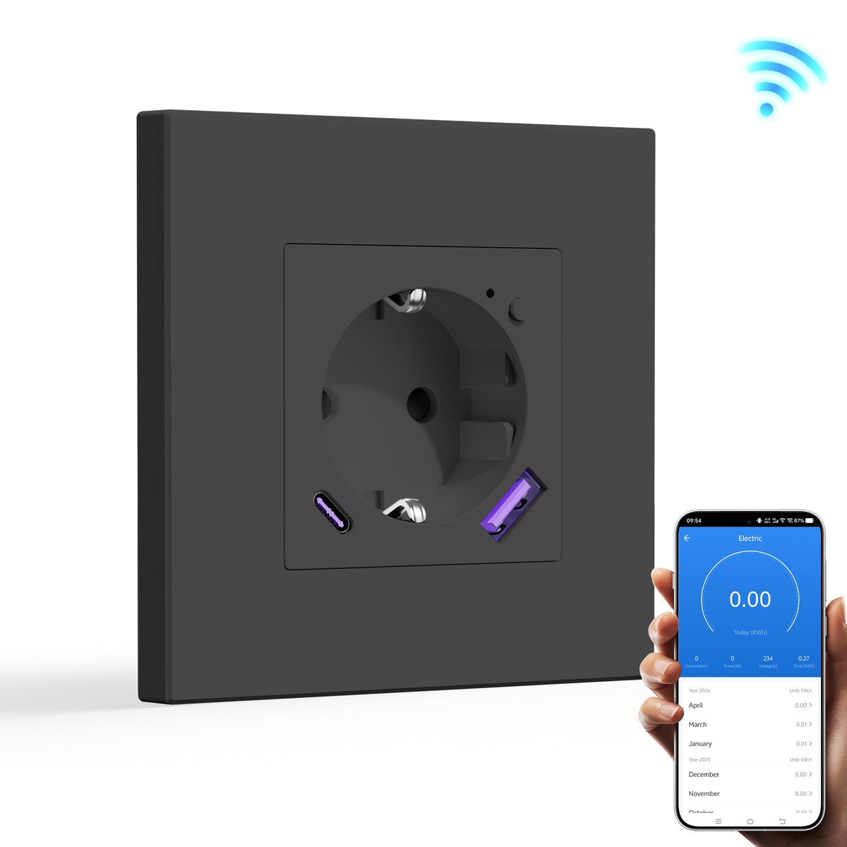 BSEED EU Wifi sockets Type-C With USB With Energy Monitoring socket Bseedswitch Black Single Plastic