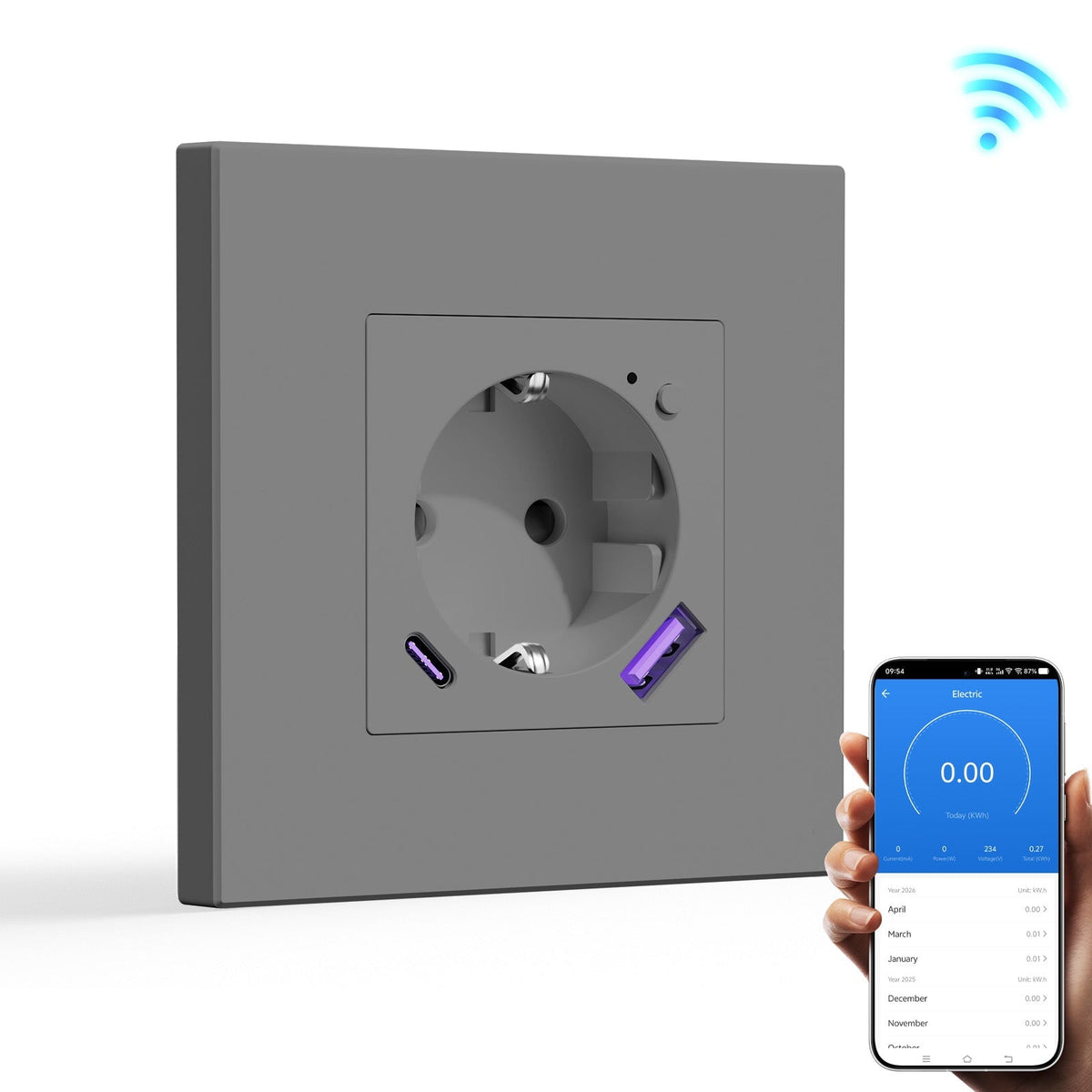 BSEED EU Wifi sockets Type-C With USB With Energy Monitoring socket Bseedswitch Gray Single Plastic