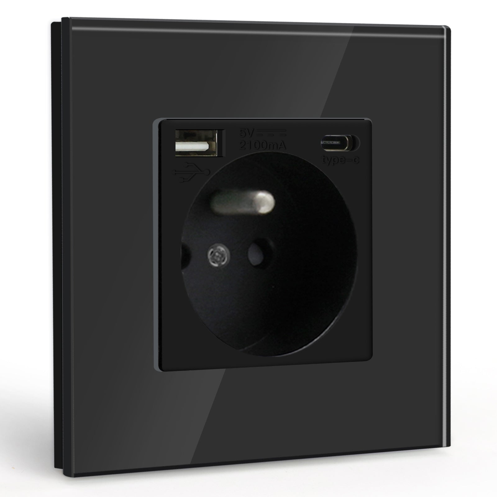 "Placa de pared BSEED FR con 2 puertos USB y 1 puerto tipo C, enchufe de pared de 16 A con protección infantil, color negro de vidrio"