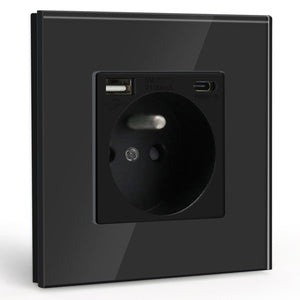 BSEED FR Wall Sockets Type-C Interface Outlet Wall Socket With Charge Port With USB Power Outlets Kids Protection 16A Wall Plates & Covers Bseedswitch black Glass Single