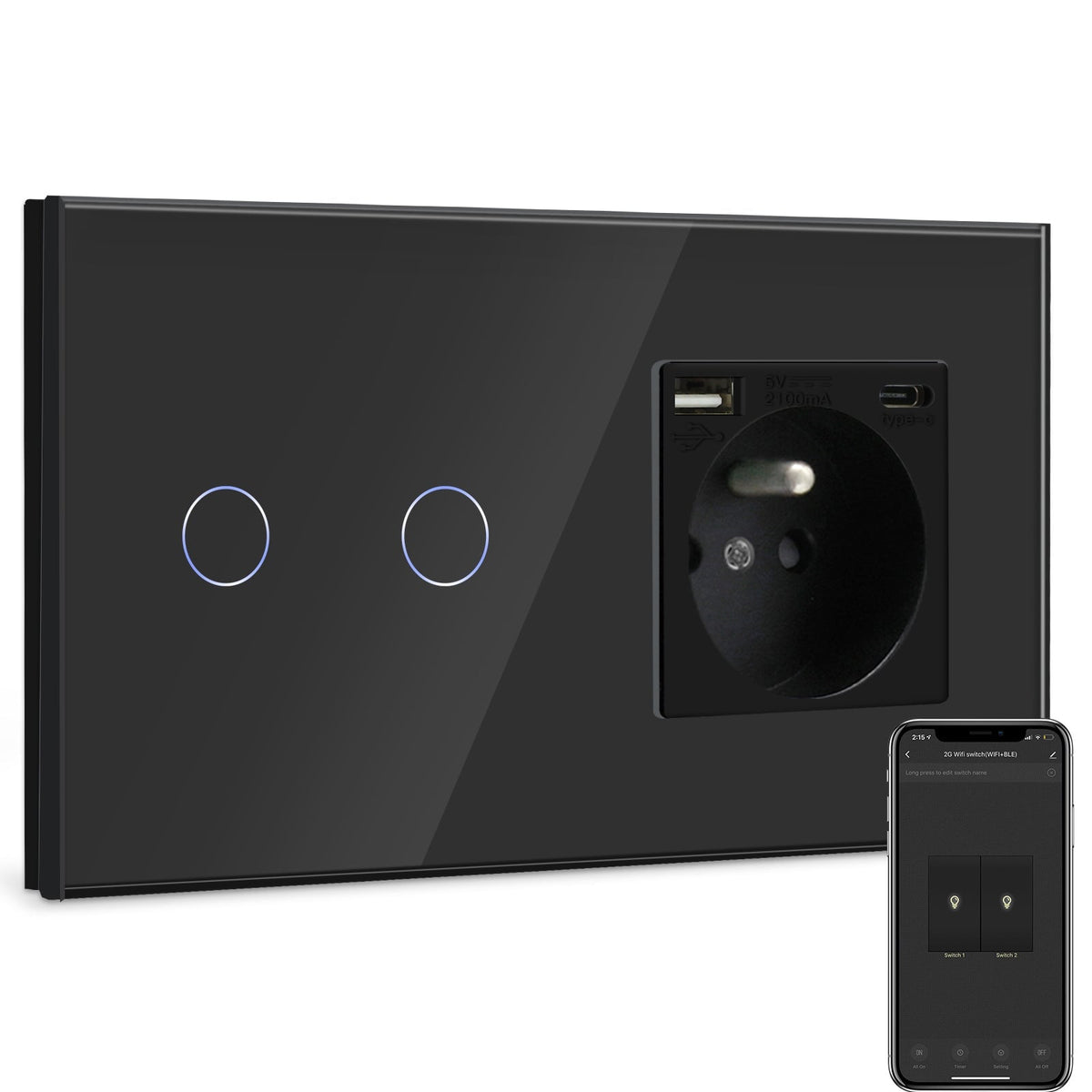 BSEED Smart Wifi Touch Light Switch Plus France Wall USB Socket Type-c Switch Work with Smart Life Google Alexa App Control Light Switches Bseedswitch Black 2 Gang 