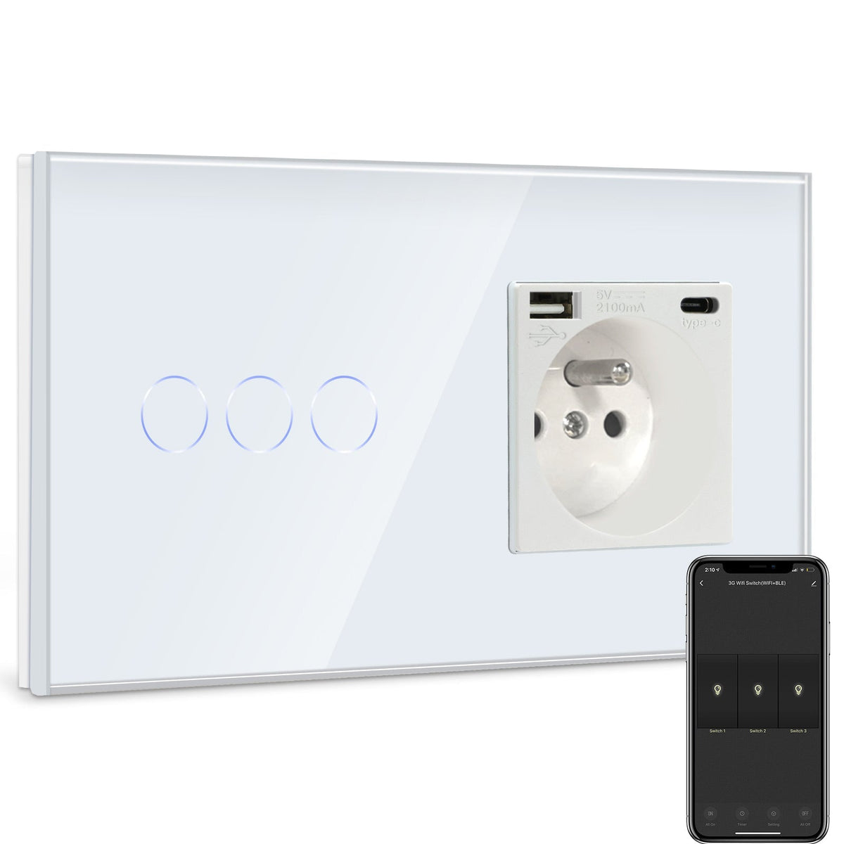 BSEED Smart Wifi Touch Light Switch Plus France Wall USB Socket Type-c Switch Work with Smart Life Google Alexa App Control Light Switches Bseedswitch White 3 Gang 