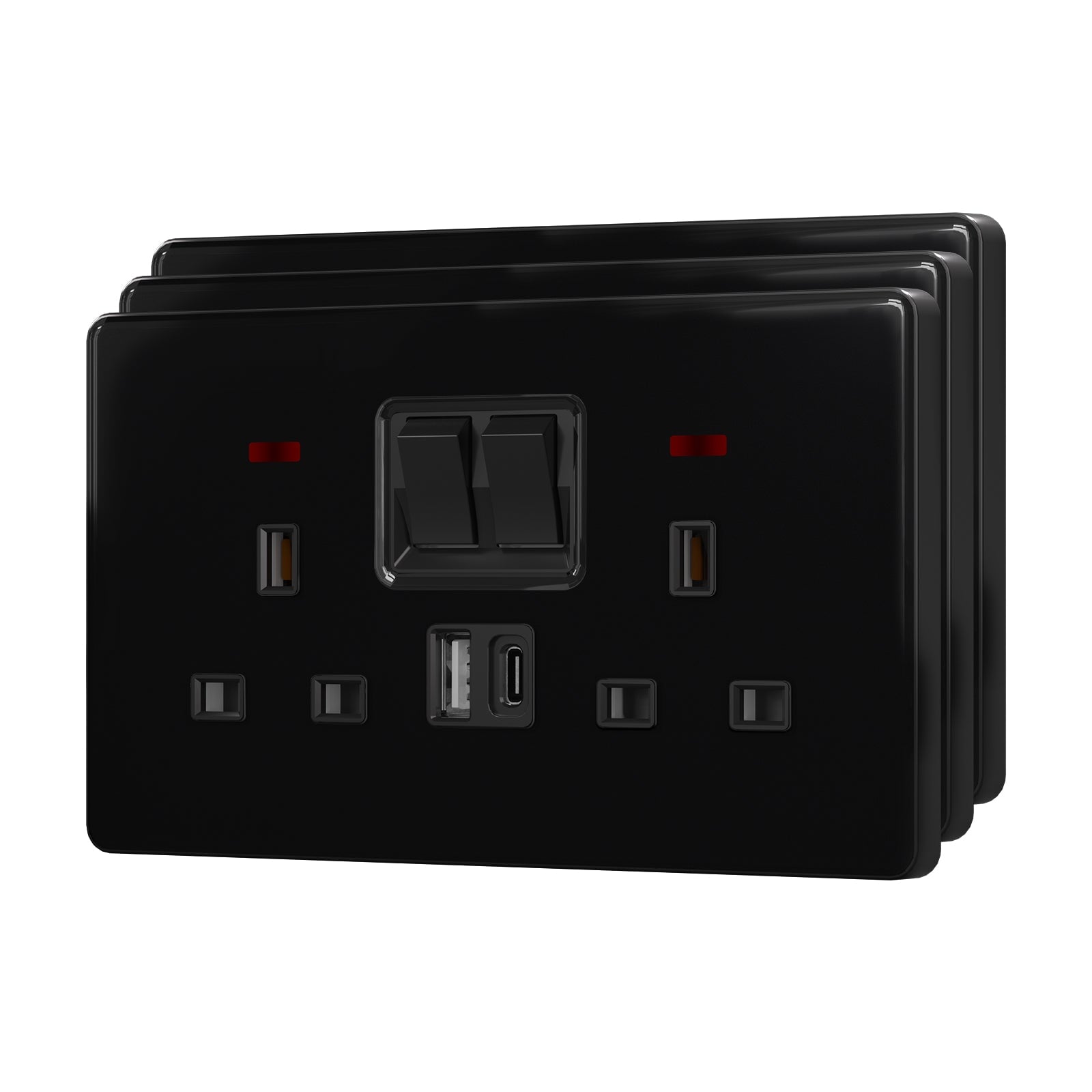 BSEED UK Standard 13A Socket with USB-C Port Electrical switch sockets for G-type plugs Power Outlets & Sockets Bseedswitch black 3 PCS/Pack Double Socket