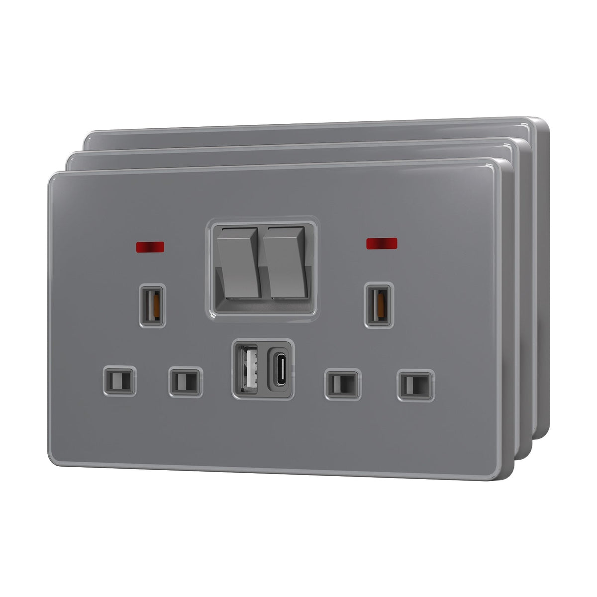 BSEED UK Standard 13A Socket with USB-C Port Electrical switch sockets for G-type plugs Power Outlets & Sockets Bseedswitch grey 3 PCS/Pack Double Socket