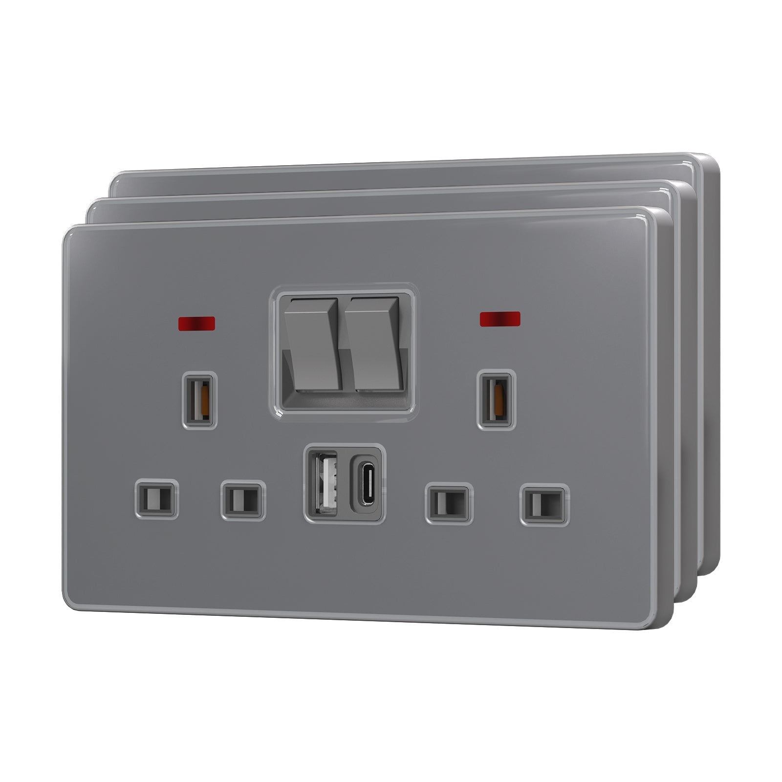 BSEED UK Standard 13A Socket with USB-C Port Electrical switch sockets for G-type plugs Power Outlets & Sockets Bseedswitch grey 3 PCS/Pack Double Socket