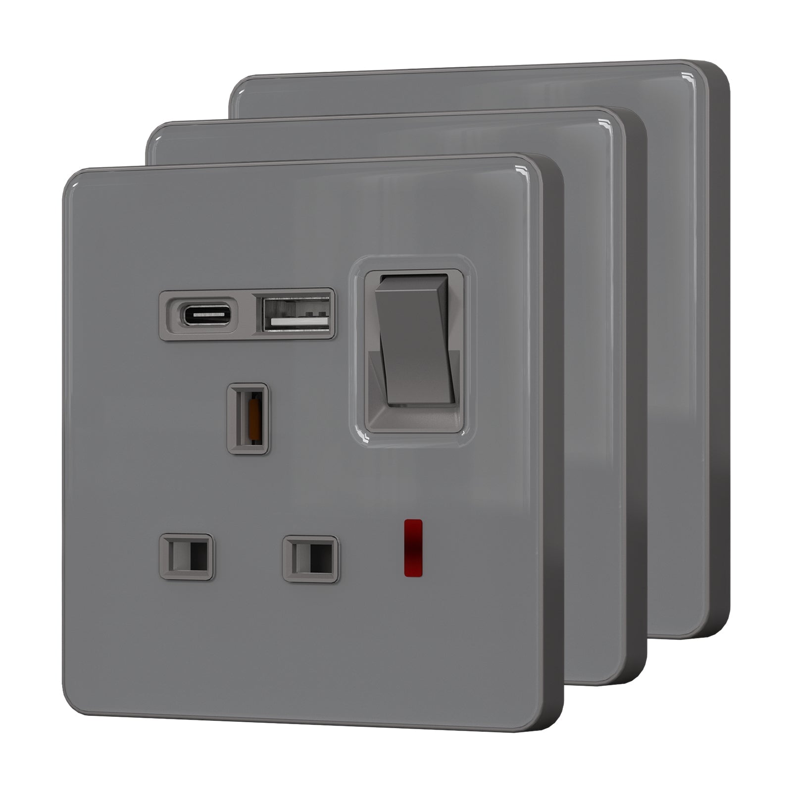 BSEED UK Standard 13A Socket with USB-C Port Electrical switch sockets for G-type plugs Power Outlets & Sockets Bseedswitch grey 3 PCS/Pack Single Scoket